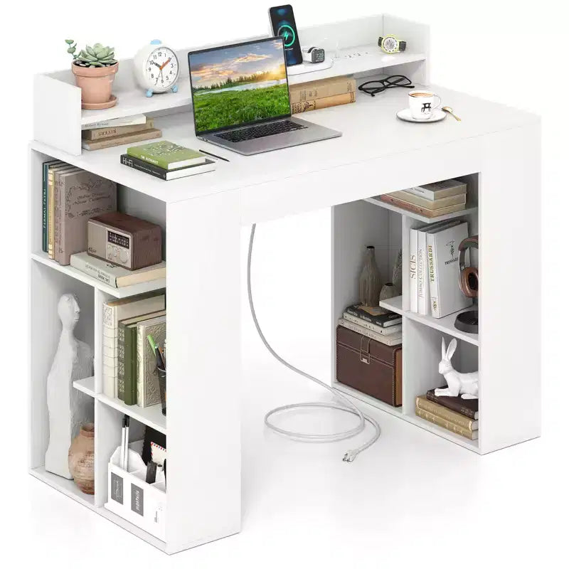 43 Schreibtisch mit Steckdosen, Monitorablage, Bücherregal und Kabelloch