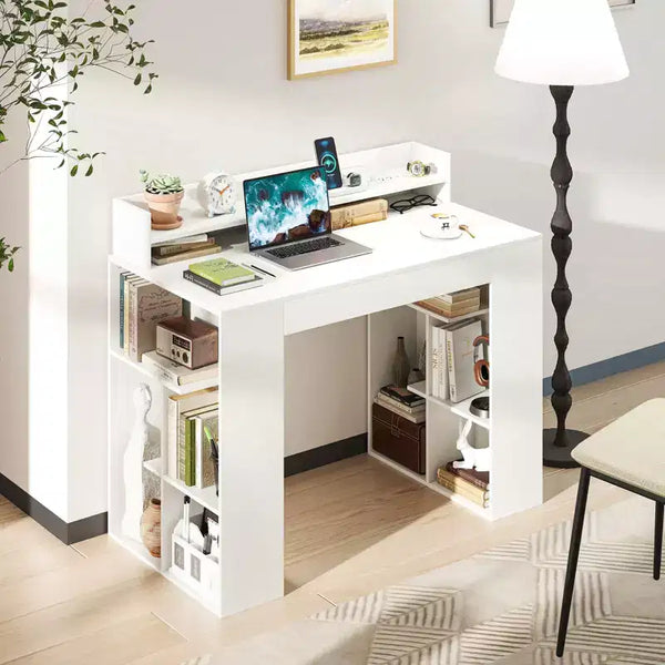 43 Schreibtisch mit Steckdosen, Monitorablage, Bücherregal und Kabelloch