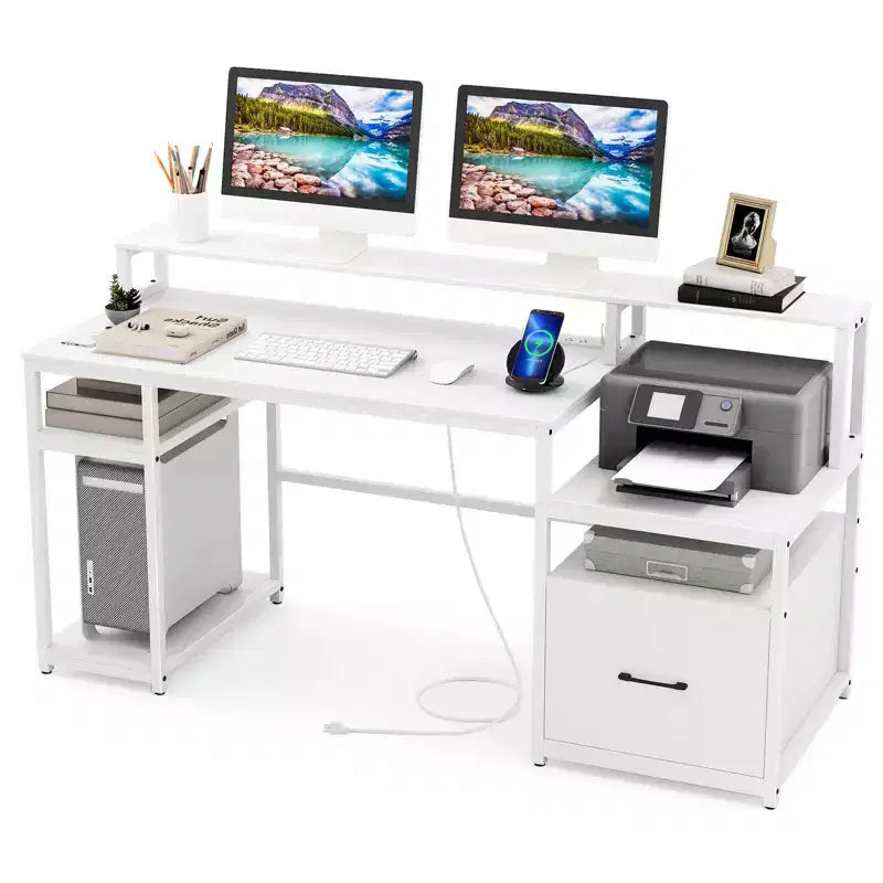 Costway 66 Computer Workstation with Monitor Stand CPU Stand Printer Shelf & File Drawer