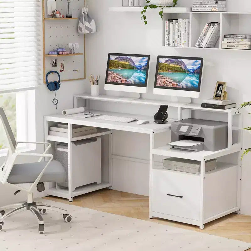 66 Computer-Arbeitsplatz mit Monitorständer, CPU-Ständer, Druckerablage & Aktenschublade