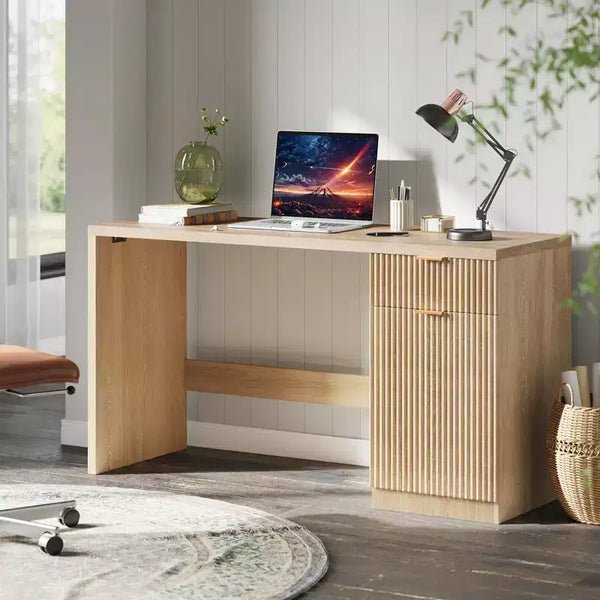 60 Executive Desk w/Storage, Modern Desk w/Drawer & Cabinet, Wood Fluted Computer Desks Workstation Writing Conference Table for Study, Natural Oak