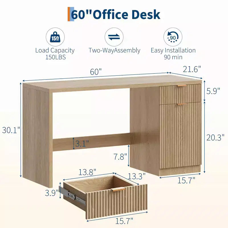 60 Büroschreibtisch mit Stauraum, Moderner Schreibtisch mit Schublade & Schrank, Holzgeriffelter Computertisch Arbeitsplatz Schreibtisch Konferenztisch für Arbeitszimmer, Eiche Natur