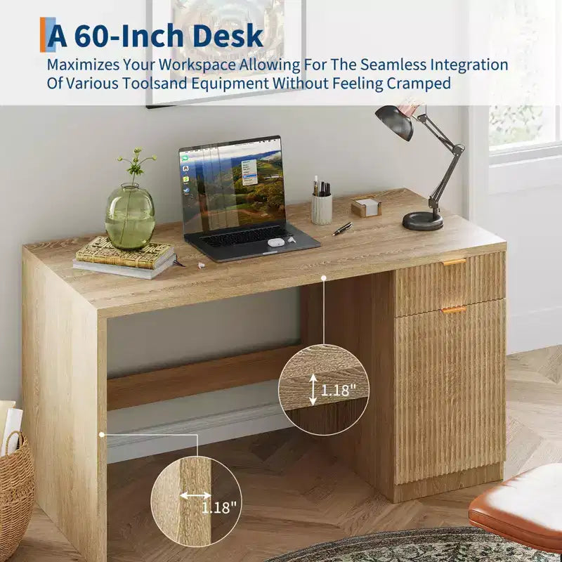 60 Büroschreibtisch mit Stauraum, Moderner Schreibtisch mit Schublade & Schrank, Holzgeriffelter Computertisch Arbeitsplatz Schreibtisch Konferenztisch für Arbeitszimmer, Eiche Natur