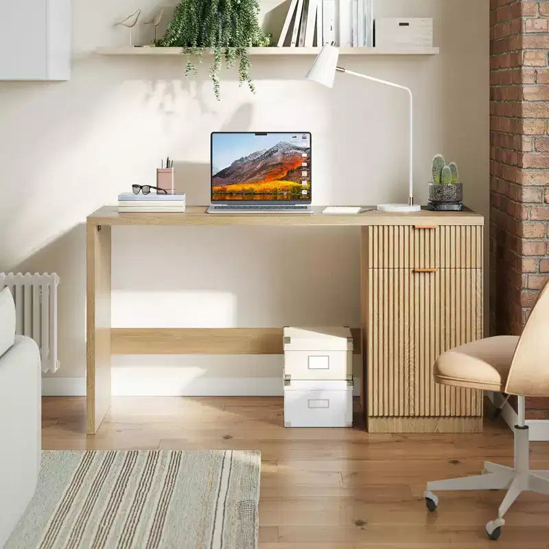 60 Büroschreibtisch mit Stauraum, Moderner Schreibtisch mit Schublade & Schrank, Holzgeriffelter Computertisch Arbeitsplatz Schreibtisch Konferenztisch für Arbeitszimmer, Eiche Natur