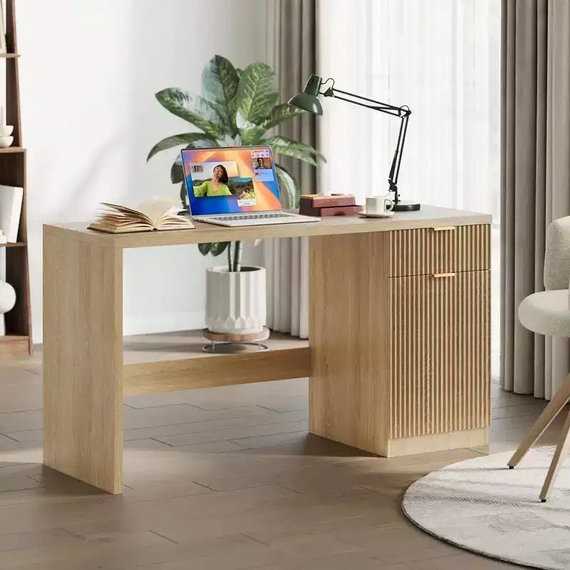60 Büroschreibtisch mit Stauraum, Moderner Schreibtisch mit Schublade & Schrank, Holzgeriffelter Computertisch Arbeitsplatz Schreibtisch Konferenztisch für Arbeitszimmer, Eiche Natur