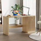 60 Büroschreibtisch mit Stauraum, Moderner Schreibtisch mit Schublade & Schrank, Holzgeriffelter Computertisch Arbeitsplatz Schreibtisch Konferenztisch für Arbeitszimmer, Eiche Natur