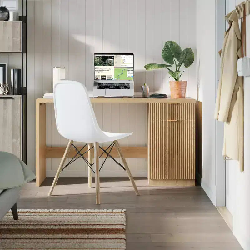 60 Büroschreibtisch mit Stauraum, Moderner Schreibtisch mit Schublade & Schrank, Holzgeriffelter Computertisch Arbeitsplatz Schreibtisch Konferenztisch für Arbeitszimmer, Eiche Natur