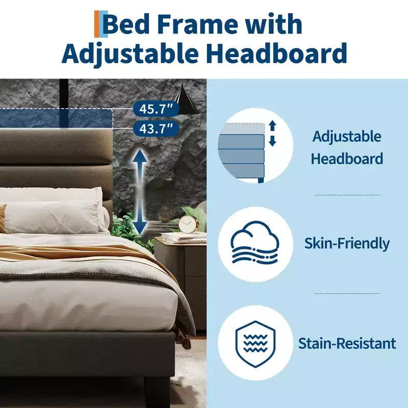 Bettrahmen mit verstellbarem Kopfteil, stoffbezogen und mit Holzlattenrost, kein Boxspringbett erforderlich