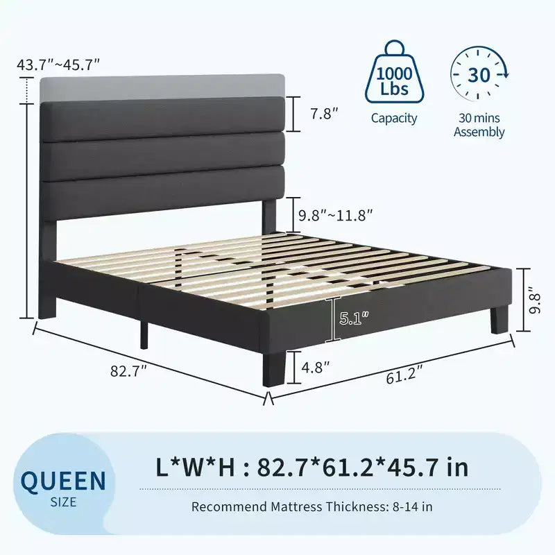 Bettrahmen mit verstellbarem Kopfteil, stoffbezogen und mit Holzlattenrost, kein Boxspringbett erforderlich