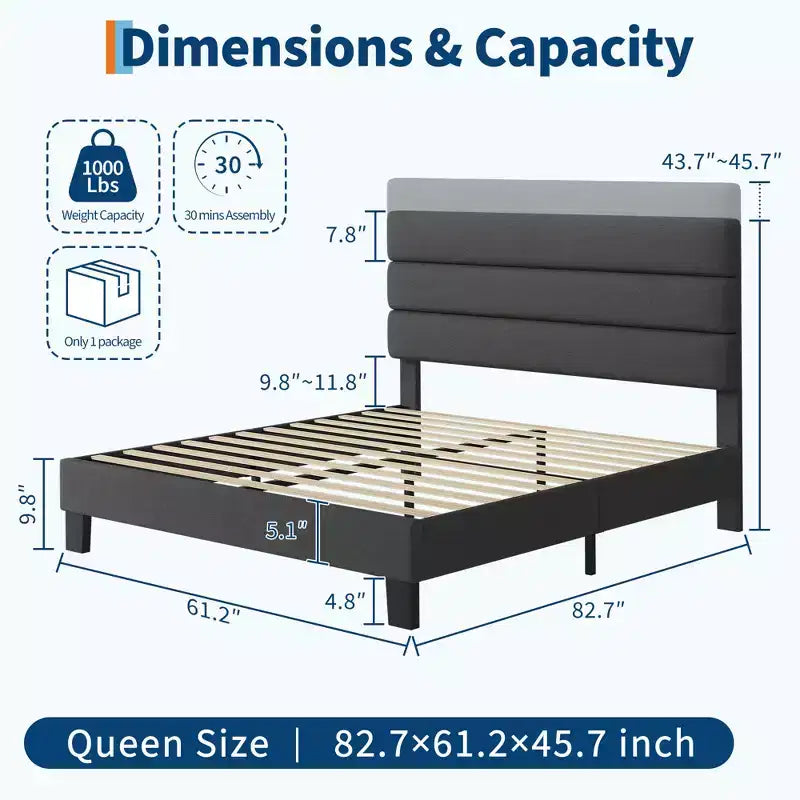 Bettrahmen mit verstellbarem Kopfteil, stoffbezogen und mit Holzlattenrost, kein Boxspringbett erforderlich