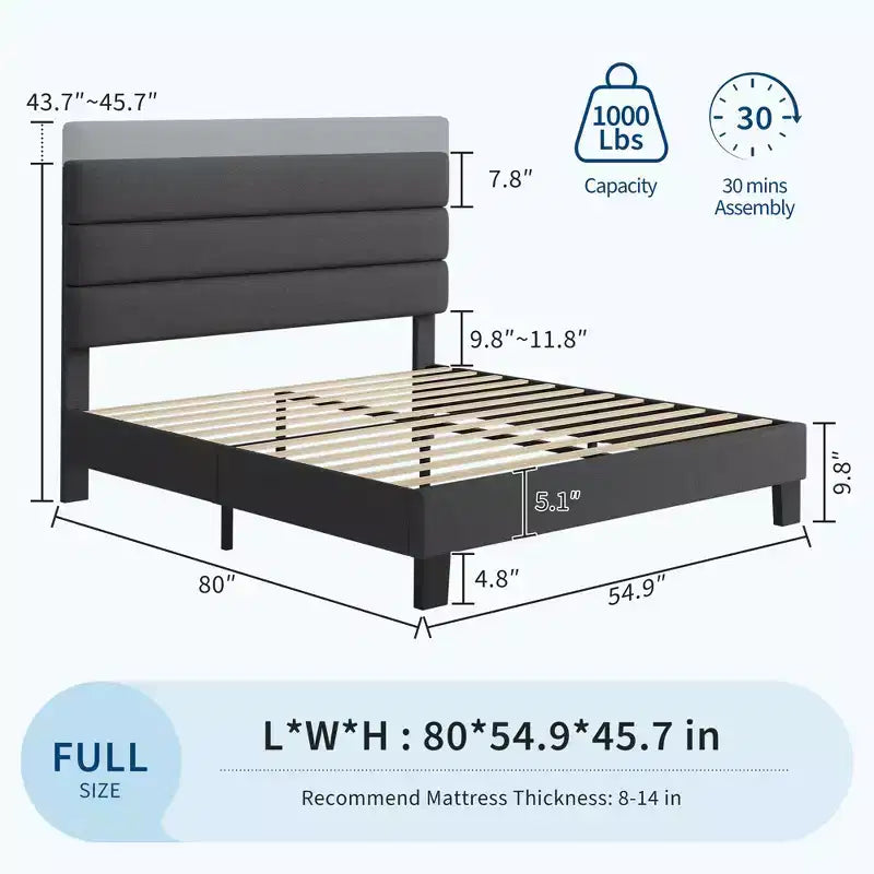 Bettrahmen mit verstellbarem Kopfteil, stoffbezogen und mit Holzlattenrost, kein Boxspringbett erforderlich