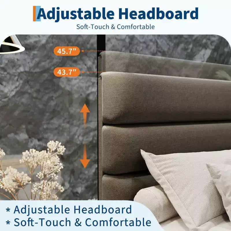 Bettrahmen mit verstellbarem Kopfteil, stoffbezogen und mit Holzlattenrost, kein Boxspringbett erforderlich