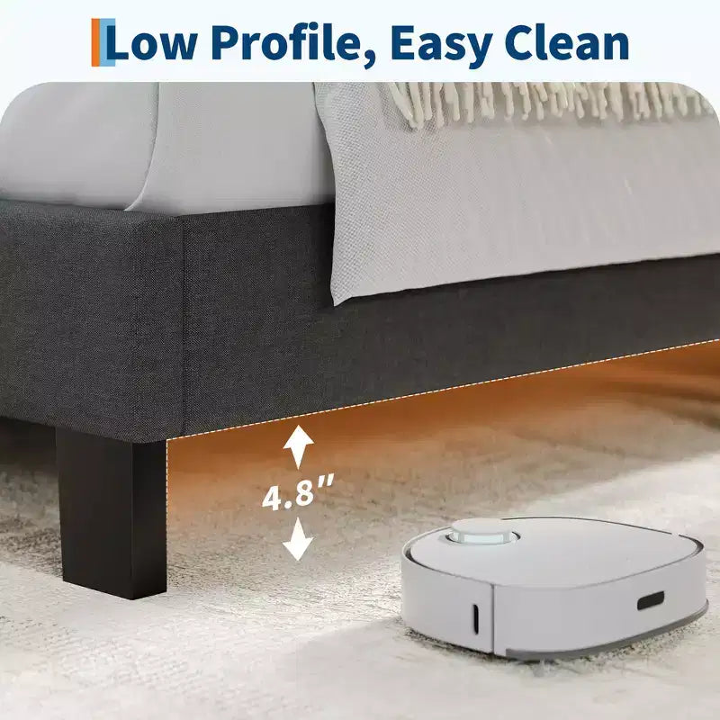 Bettrahmen mit verstellbarem Kopfteil, stoffbezogen und mit Holzlattenrost, kein Boxspringbett erforderlich