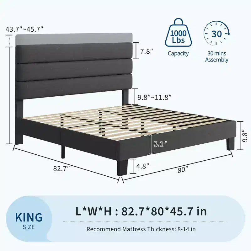 Bettrahmen mit verstellbarem Kopfteil, stoffbezogen und mit Holzlattenrost, kein Boxspringbett erforderlich