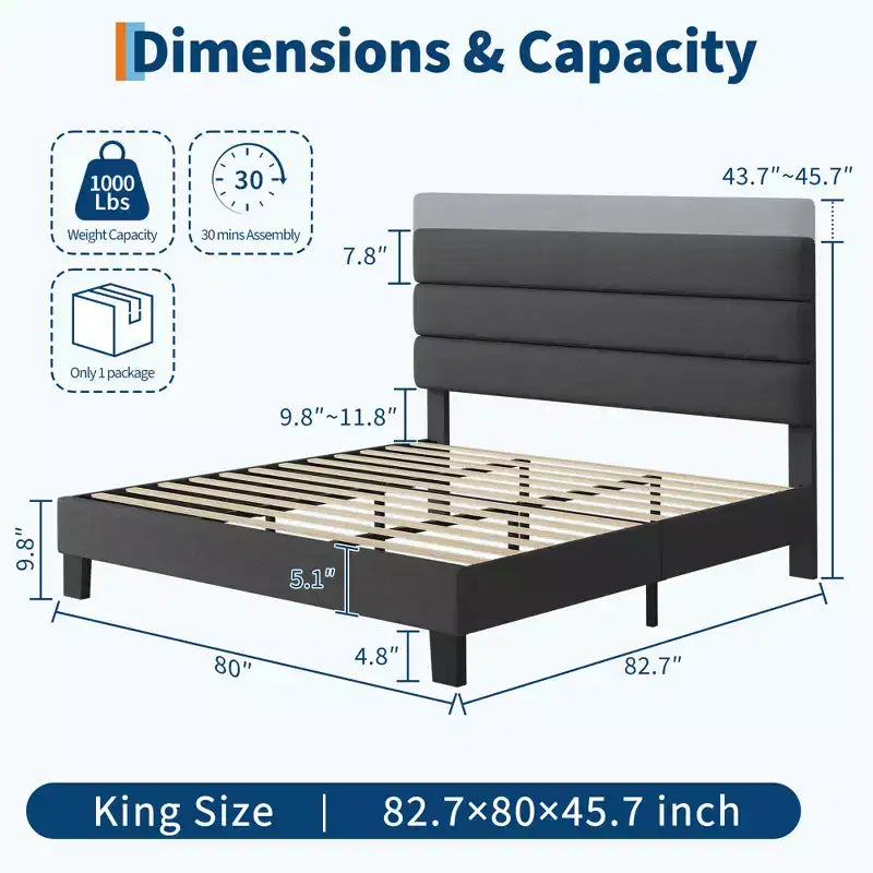 Bettrahmen mit verstellbarem Kopfteil, stoffbezogen und mit Holzlattenrost, kein Boxspringbett erforderlich