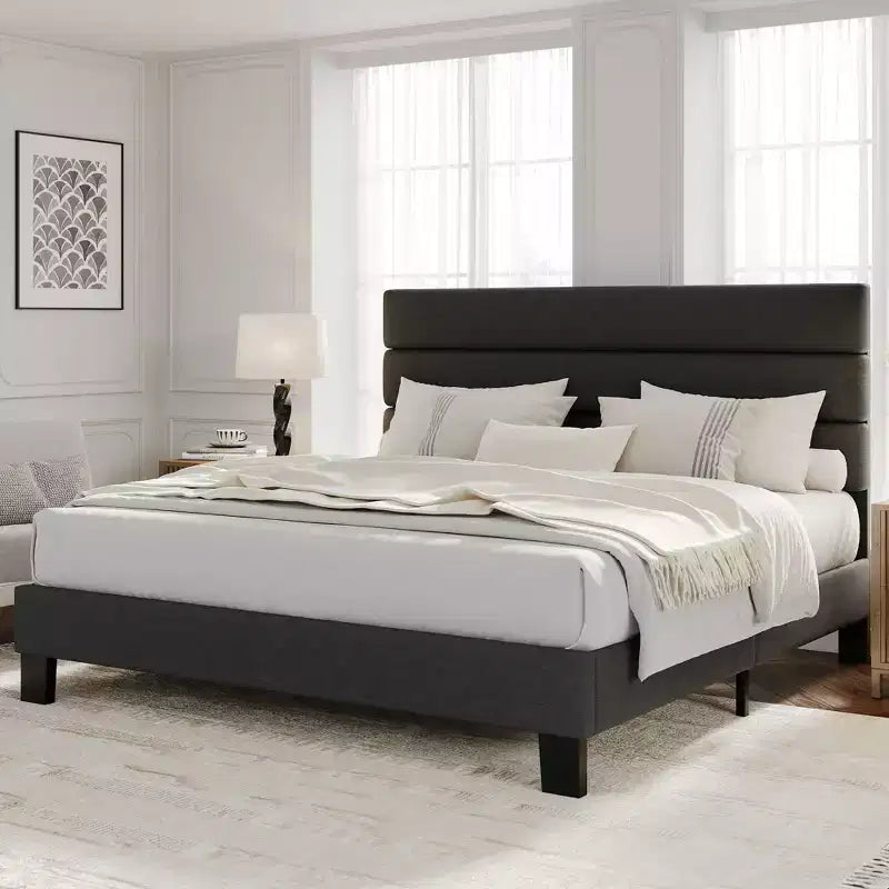 Bed Frame with Adjustable Headboard, Fabric Upholstered and Wooden Slats, No Box Spring Needed