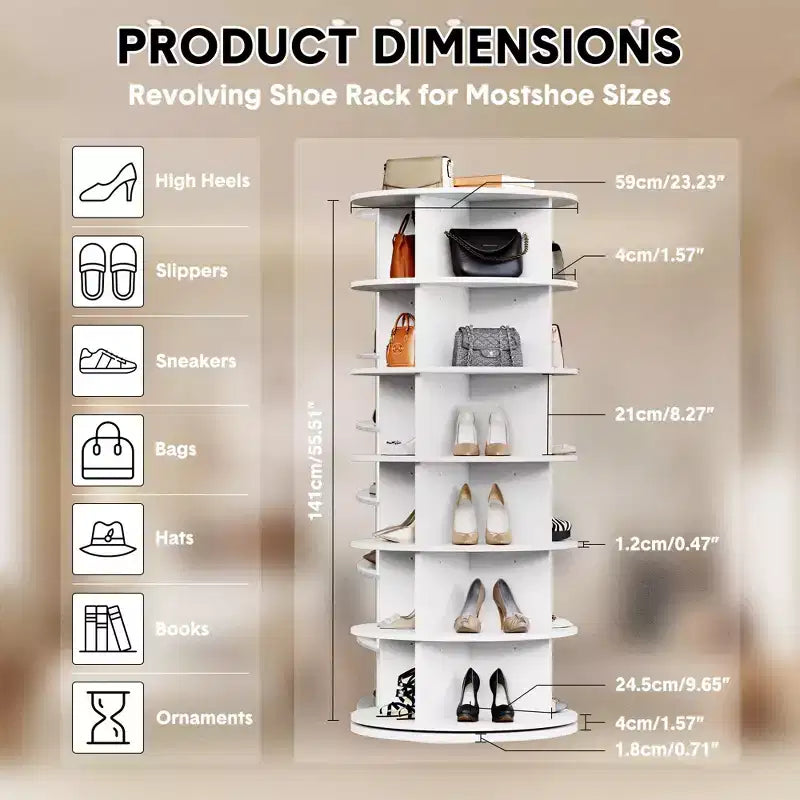 Rotierender Schuhregal-Turm, 360° drehbarer Schuh-Organizer, drehbares Regal, runder Karussell mit großer Kapazität, Bücherregal, Handtaschenhalter
