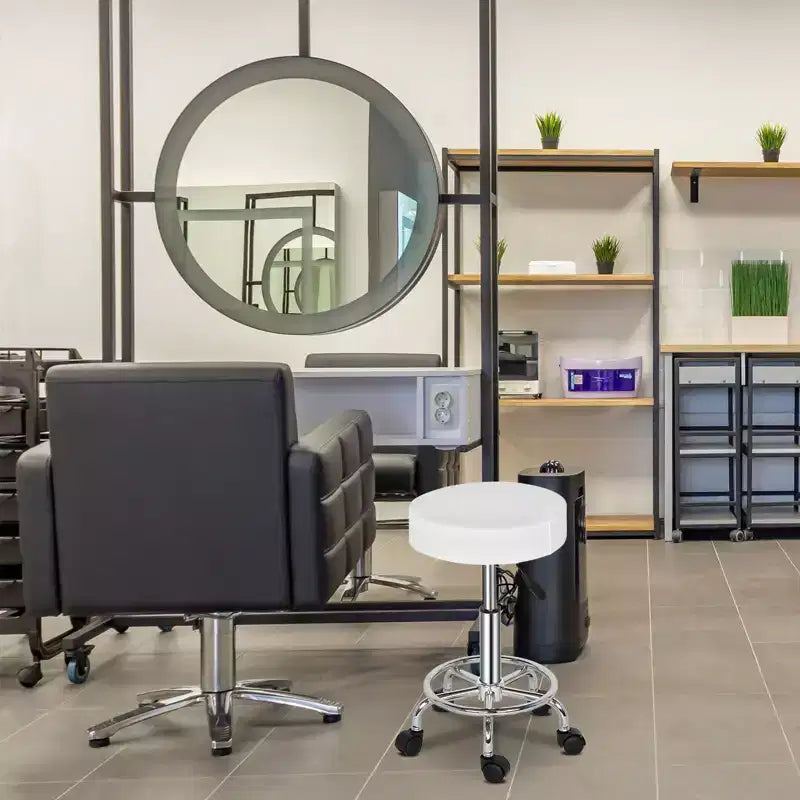 Schwarzer PU-Leder Hydraulik-Salonhocker, Höhenverstellbarer Rollhocker für Spa, Massage, Büro und Arbeitsstuhl