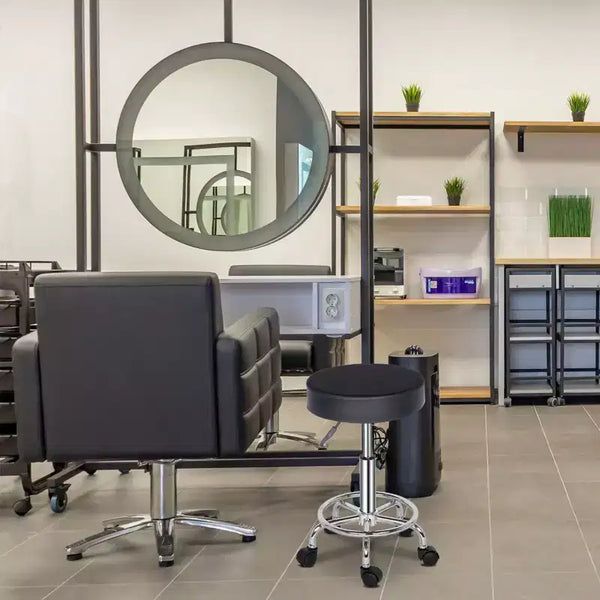Schwarzer PU-Leder Hydraulik-Salonhocker, Höhenverstellbarer Rollhocker für Spa, Massage, Büro und Arbeitsstuhl