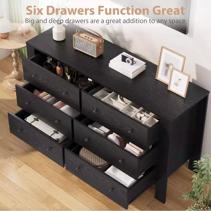 Kommode für Schlafzimmer, 6-Schubladen-Kommode mit breiter Schublade und Metallgriffen, Holzkommoden & Schubladen für Flur, Eingangsbereich