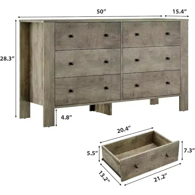 Kommode für Schlafzimmer, 6-Schubladen-Kommode mit breiter Schublade und Metallgriffen, Holzkommoden & Schubladen für Flur, Eingangsbereich