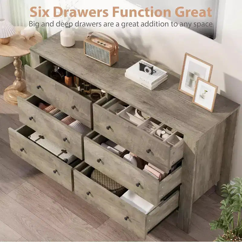 Kommode für Schlafzimmer, 6-Schubladen-Kommode mit breiter Schublade und Metallgriffen, Holzkommoden & Schubladen für Flur, Eingangsbereich