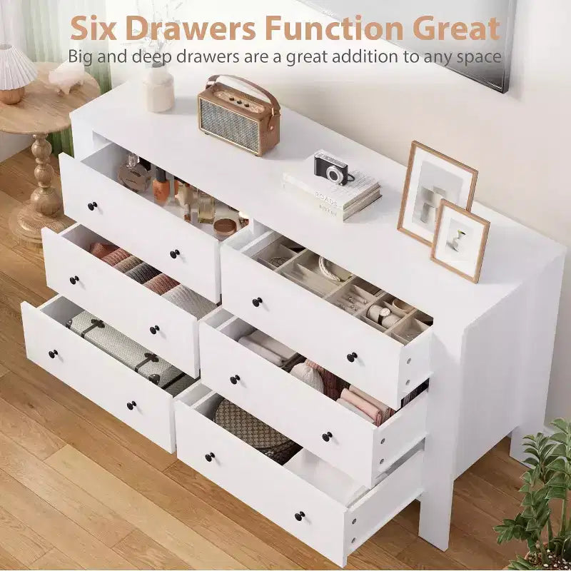 Kommode für Schlafzimmer, 6-Schubladen-Kommode mit breiter Schublade und Metallgriffen, Holzkommoden & Schubladen für Flur, Eingangsbereich