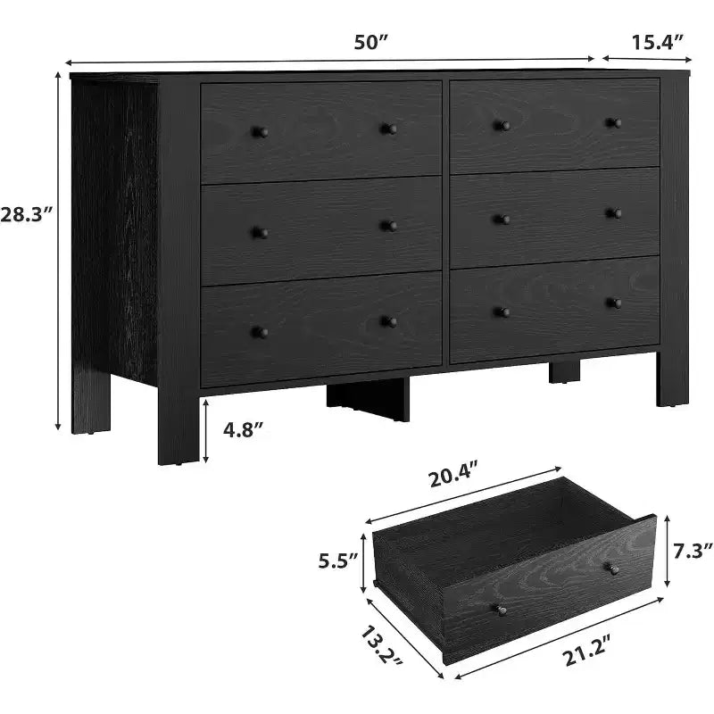 Kommode für Schlafzimmer, 6-Schubladen-Kommode mit breiter Schublade und Metallgriffen, Holzkommoden & Schubladen für Flur, Eingangsbereich