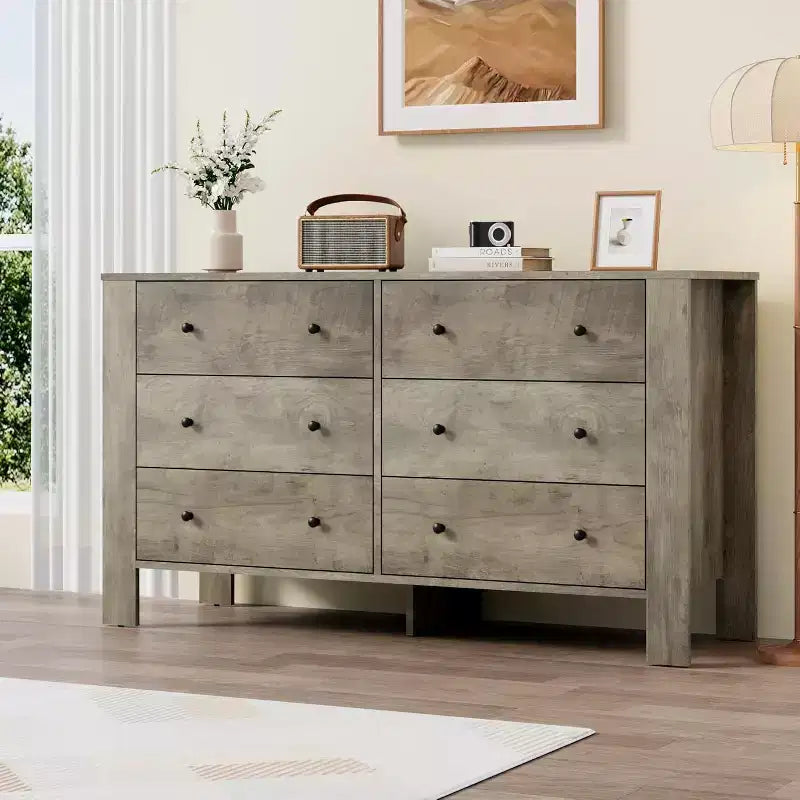 Kommode für Schlafzimmer, 6-Schubladen-Kommode mit breiter Schublade und Metallgriffen, Holzkommoden & Schubladen für Flur, Eingangsbereich