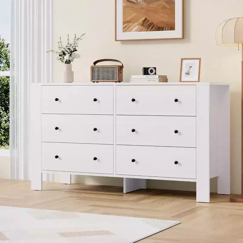 Kommode für Schlafzimmer, 6-Schubladen-Kommode mit breiter Schublade und Metallgriffen, Holzkommoden & Schubladen für Flur, Eingangsbereich