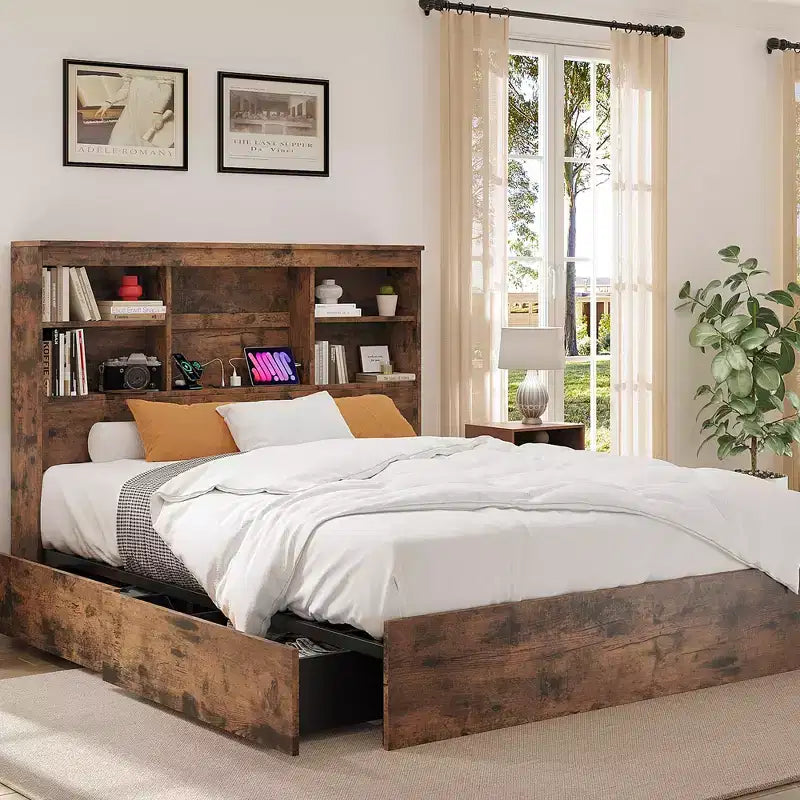 King Size Bed Frame with High Storage Bookcase Headboard, Wood Bed Frame with 4 Storage Drawers, Built in Charging Station,No Box Spring Needed