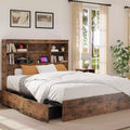 King Size Bed Frame with High Storage Bookcase Headboard, Wood Bed Frame with 4 Storage Drawers, Built in Charging Station,No Box Spring Needed