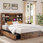 King Size Bed Frame with High Storage Bookcase Headboard, Wood Bed Frame with 4 Storage Drawers, Built in Charging Station,No Box Spring Needed