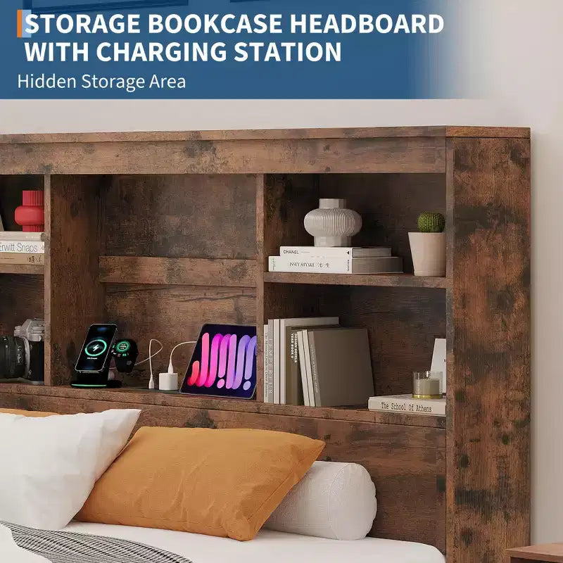 King-Size-Bettrahmen mit Stauraum-Bücherregal-Kopfteil, 4 Schubladen und Ladestation