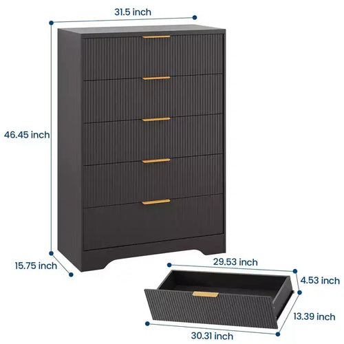 Kommode mit 5 Schubladen, geriffelten Schubladenfronten und goldfarbenen Griffen, hoher Stauraum für das Schlafzimmer