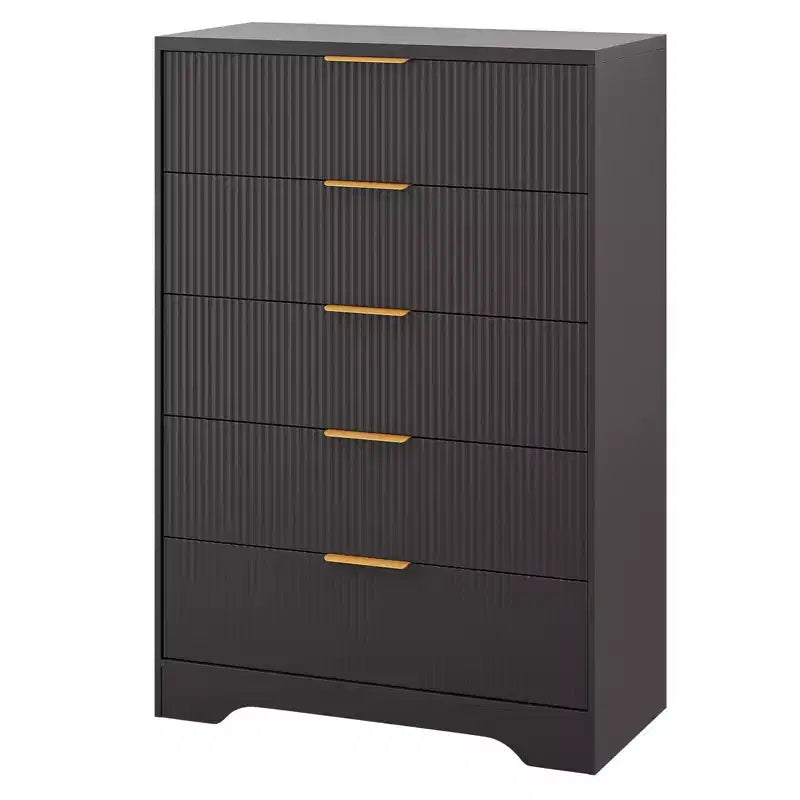 GustoWave 5-Drawer Chest with Fluted Drawer Fronts and Gold-Tone Handles, Tall Storage Dresser for Bedroom