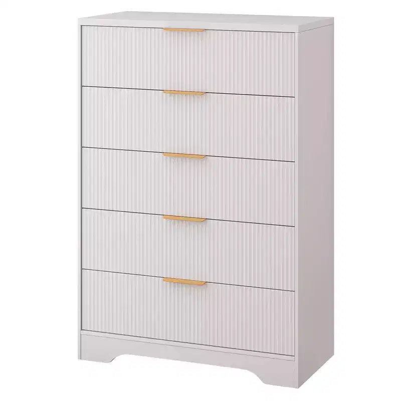 Kommode mit 5 Schubladen, geriffelten Schubladenfronten und goldfarbenen Griffen, hoher Stauraum für das Schlafzimmer