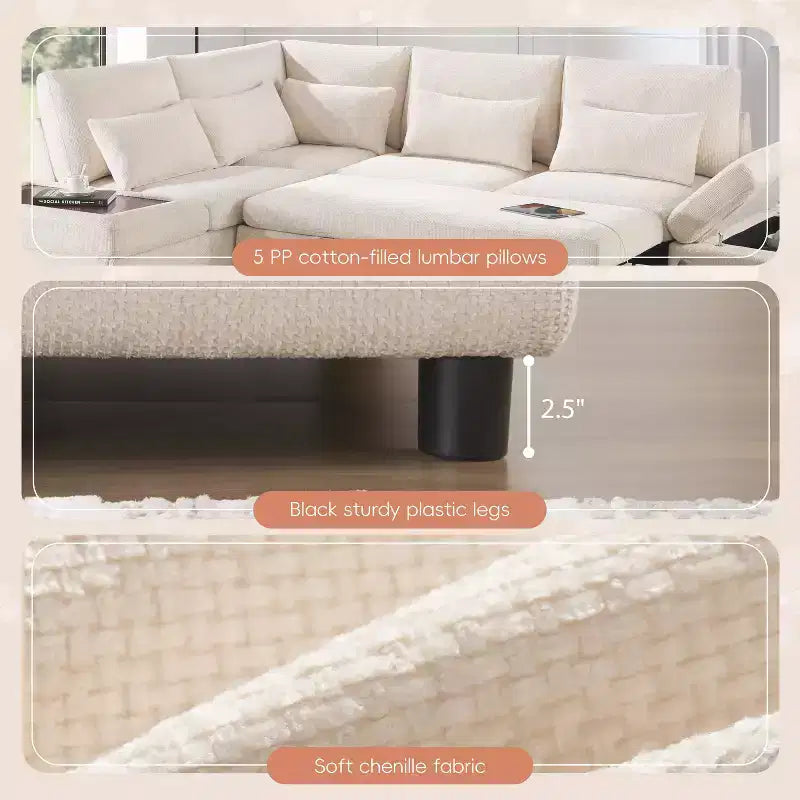 Übergroßes modulares Chenille-Ecksofa mit Ausziehbett
