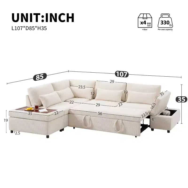 Übergroßes modulares Chenille-Ecksofa mit Ausziehbett