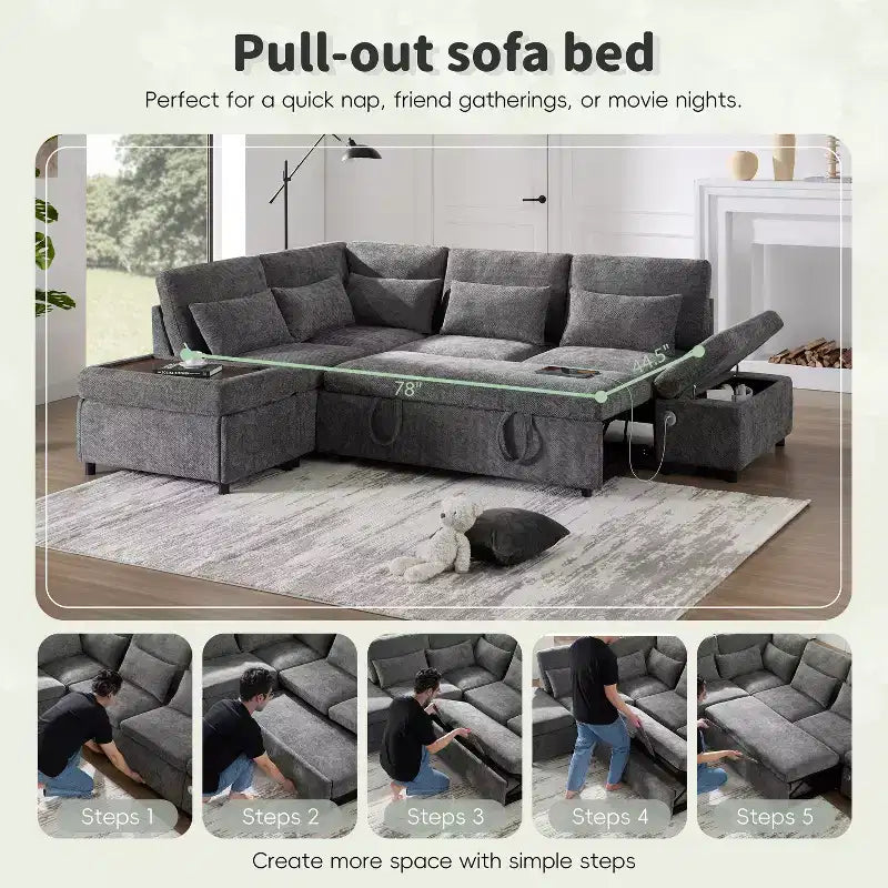 Übergroßes modulares Chenille-Ecksofa mit Ausziehbett
