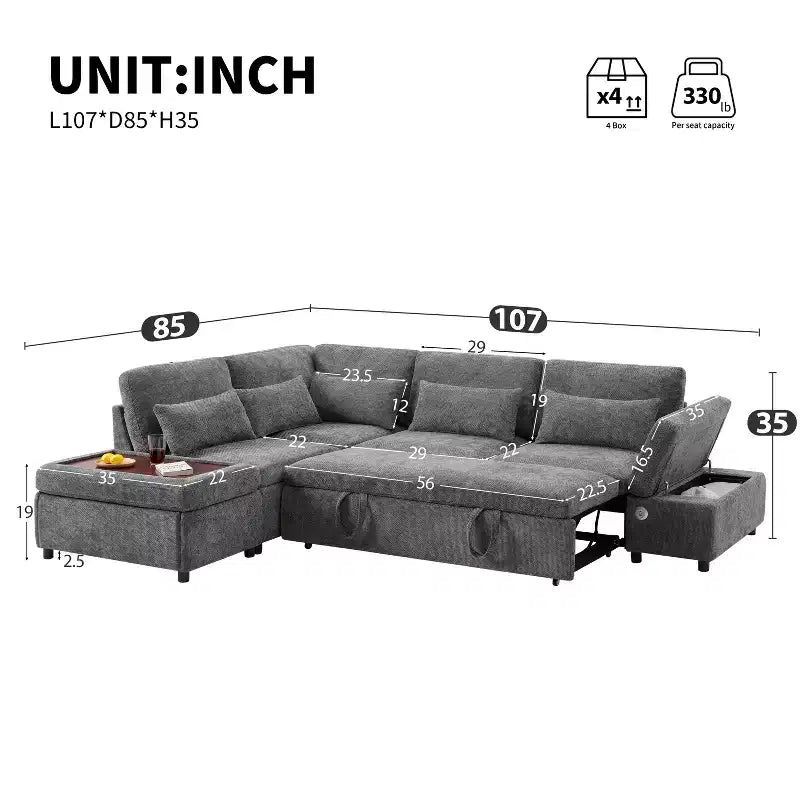 Übergroßes modulares Chenille-Ecksofa mit Ausziehbett