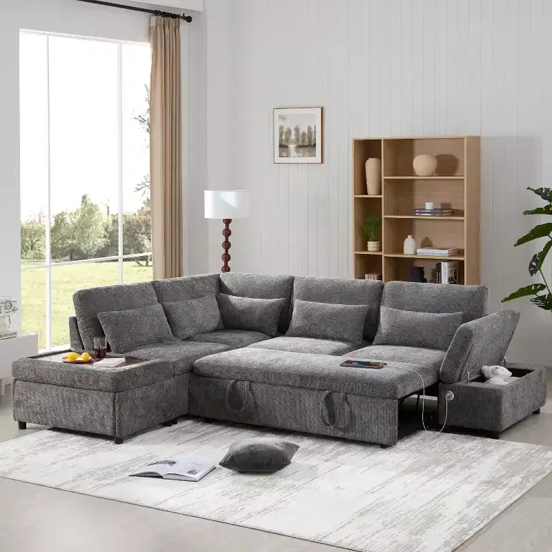 Polibi Oversized Modular Chenille Sectional Sofa with Pull-Out Bed