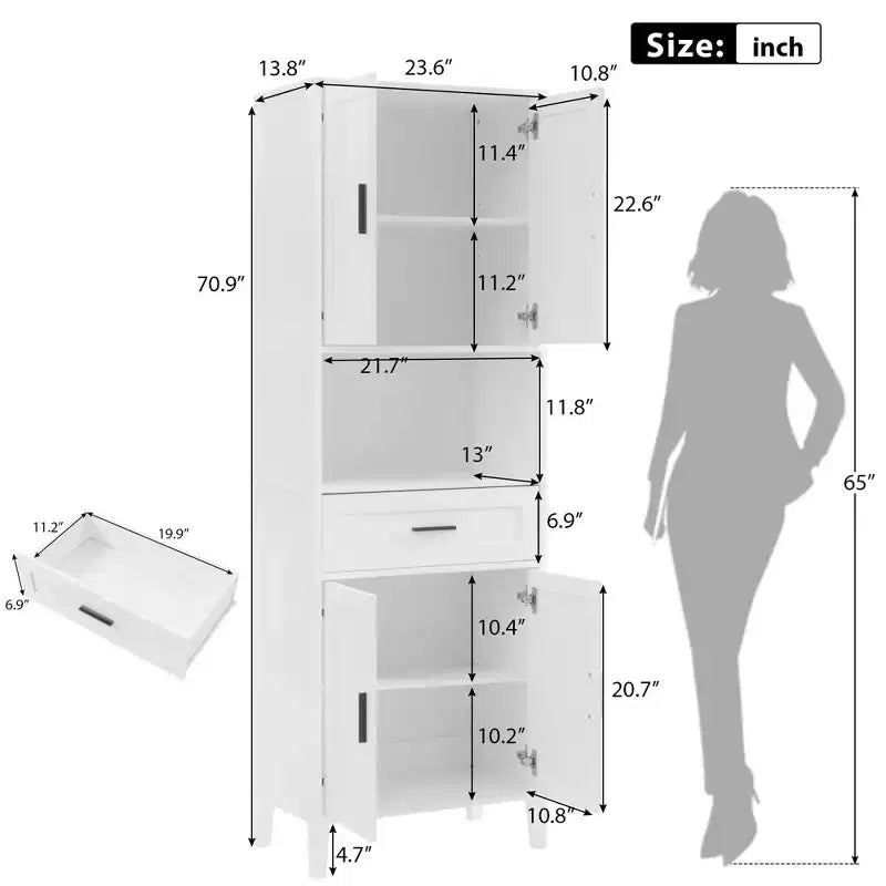 Badezimmerschrank mit 2 Türen, 1 Schublade und verstellbaren Einlegeböden, hoher Standregalschrank für das Badezimmer