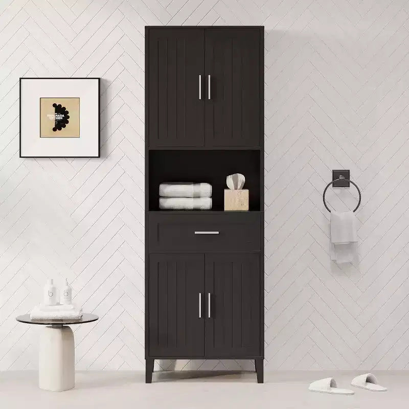 Badezimmerschrank mit 2 Türen, 1 Schublade und verstellbaren Einlegeböden, hoher Standregalschrank für das Badezimmer