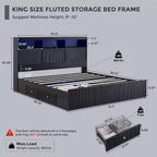 King-Size-Plattformbettrahmen mit Kopfteil, Beleuchtung, Ladestation und 4 Schubladen