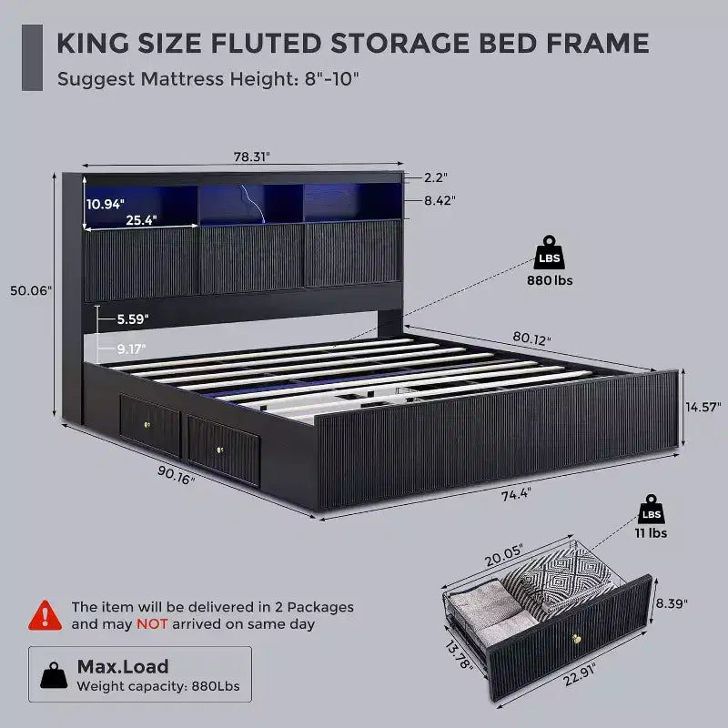 King-Size-Plattformbettrahmen mit Kopfteil, Beleuchtung, Ladestation und 4 Schubladen