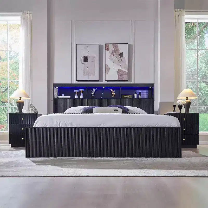 King-Size-Plattformbettrahmen mit Kopfteil, Beleuchtung, Ladestation und 4 Schubladen