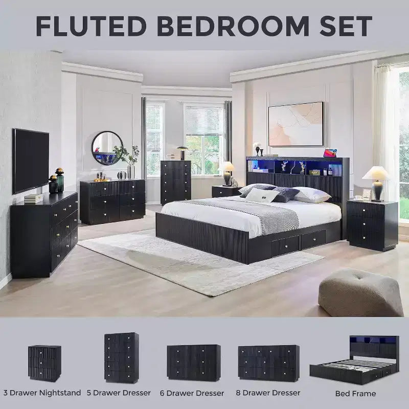 King-Size-Plattformbettrahmen mit Kopfteil, Beleuchtung, Ladestation und 4 Schubladen