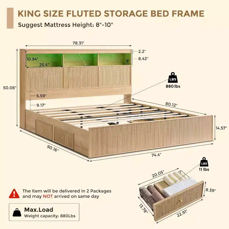 King-Size-Plattformbettrahmen mit Kopfteil, Beleuchtung, Ladestation und 4 Schubladen