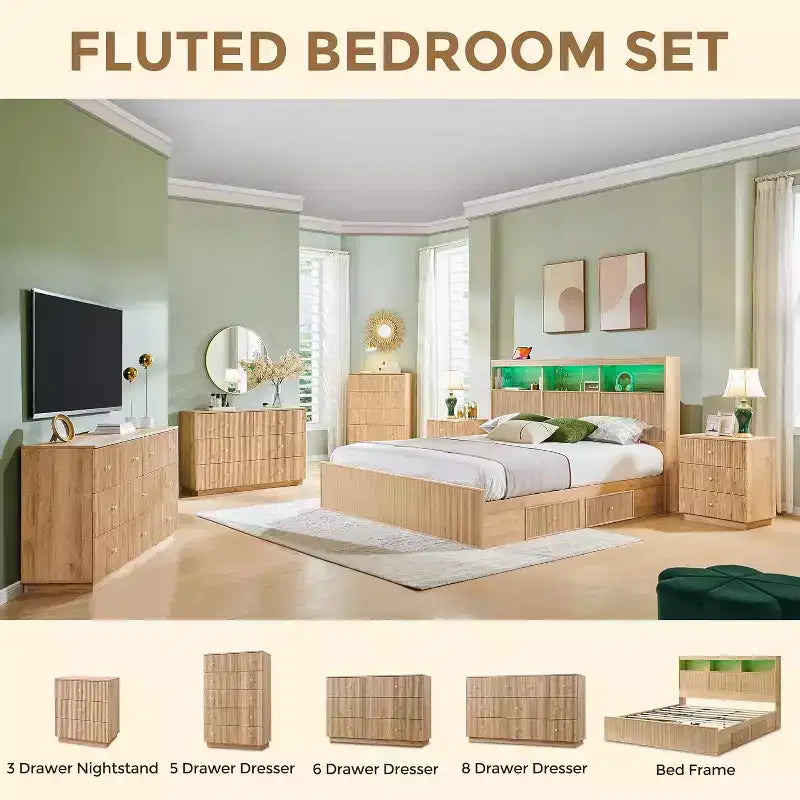 King-Size-Plattformbettrahmen mit Kopfteil, Beleuchtung, Ladestation und 4 Schubladen